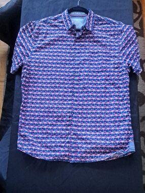 Short-Sleeve Flamingo Print Button-Up Mens Summer Shirt - Navy & Pink